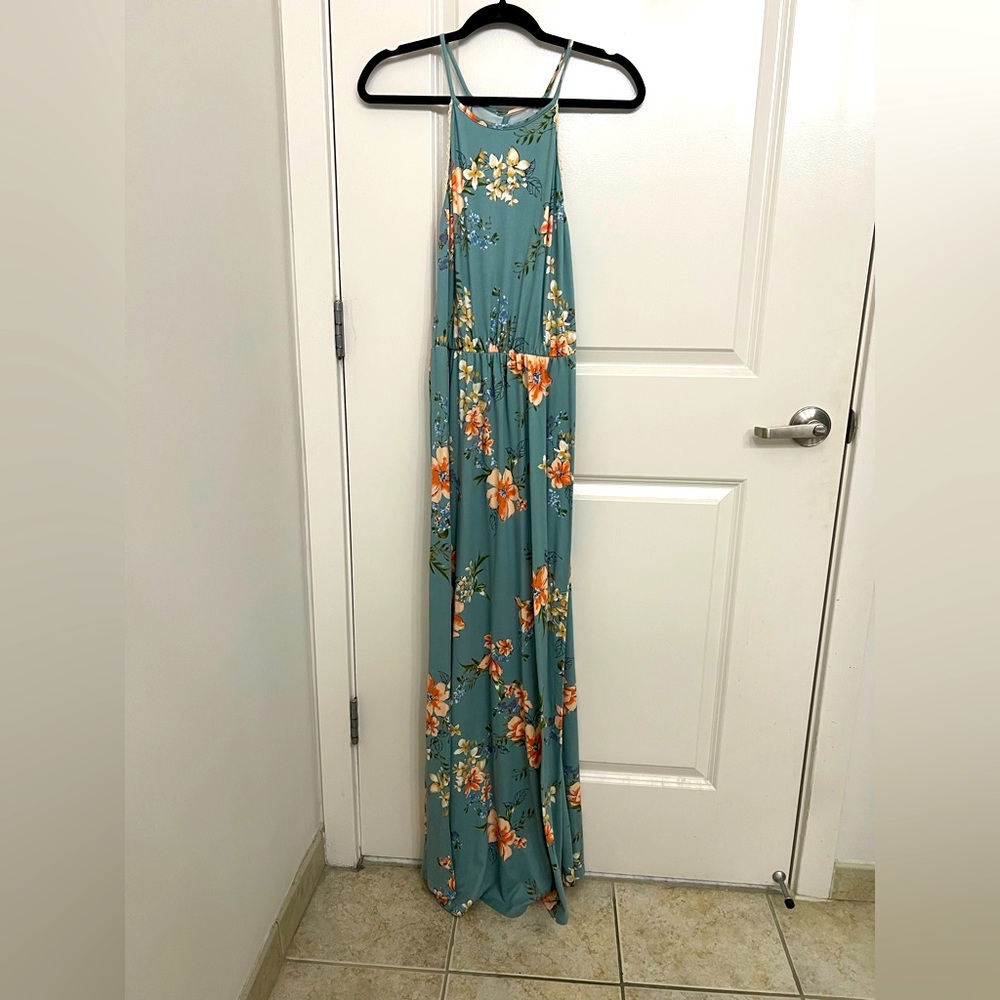 French Grey Blue Floral Halter Maxi Dress